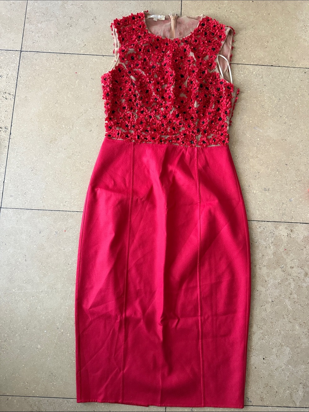 Michael Kors Collection Hot Pink Beaded Floral Midi Dress